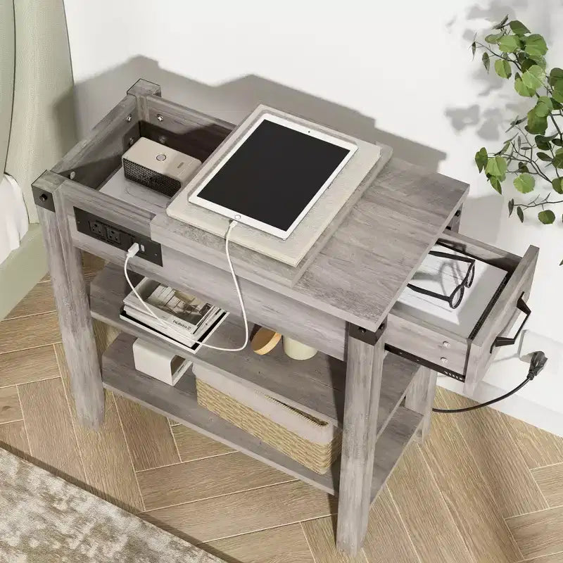 Table d'appoint relevable avec tiroir de rangement, ports USB et prises, table d'appoint avec étagères et sac de rangement pour petits espaces