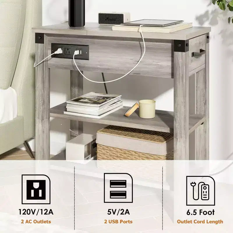Table d'appoint relevable avec tiroir de rangement, ports USB et prises, table d'appoint avec étagères et sac de rangement pour petits espaces