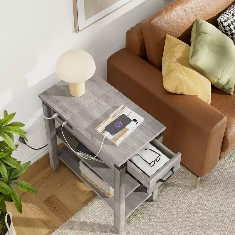 Table d'appoint relevable avec tiroir de rangement, ports USB et prises, table d'appoint avec étagères et sac de rangement pour petits espaces