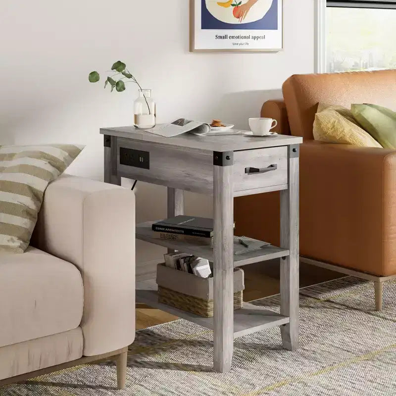 Table d'appoint relevable avec tiroir de rangement, ports USB et prises, table d'appoint avec étagères et sac de rangement pour petits espaces