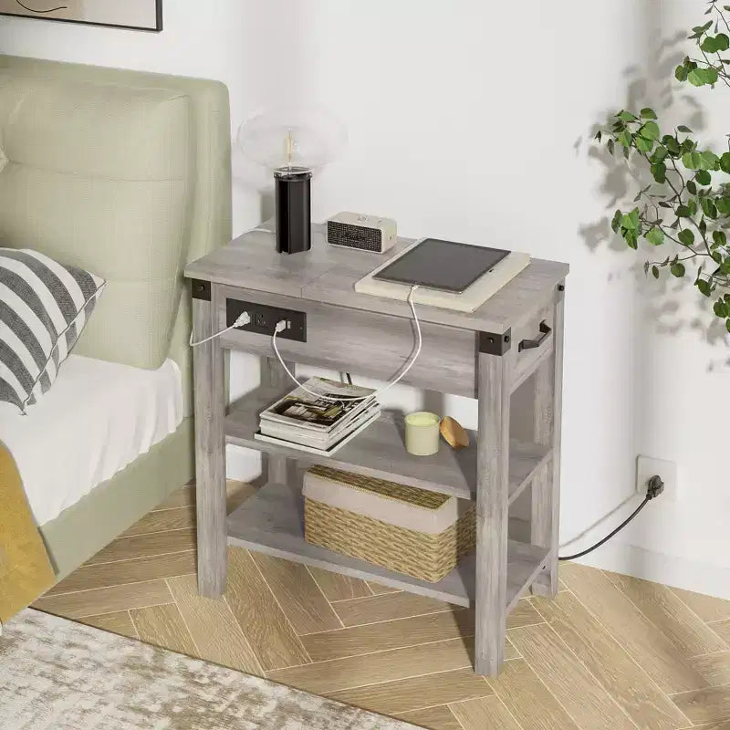 Table d'appoint relevable avec tiroir de rangement, ports USB et prises, table d'appoint avec étagères et sac de rangement pour petits espaces