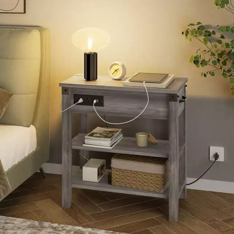 Table d'appoint relevable avec tiroir de rangement, ports USB et prises, table d'appoint avec étagères et sac de rangement pour petits espaces