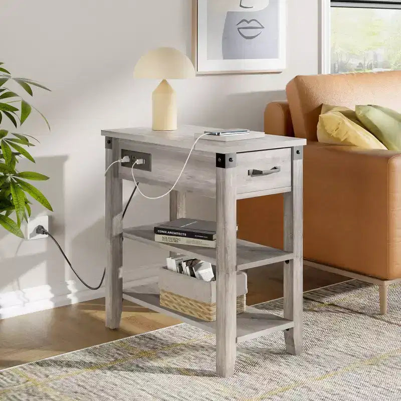 Acekool Flip-Top End Table with Storage Drawer, USB Ports & Outlets, Side Table with Shelves and Storage Bag for Small Spaces