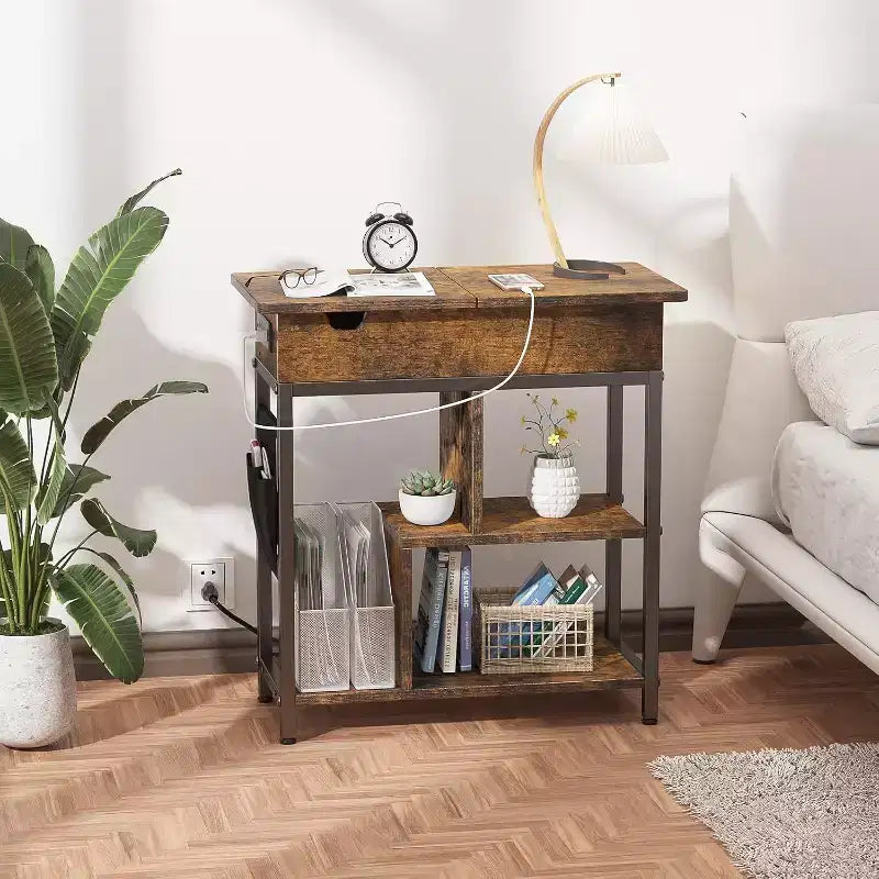 Table d'appoint relevable avec tiroir de rangement, ports USB et prises, table d'appoint avec étagères et sac de rangement pour petits espaces