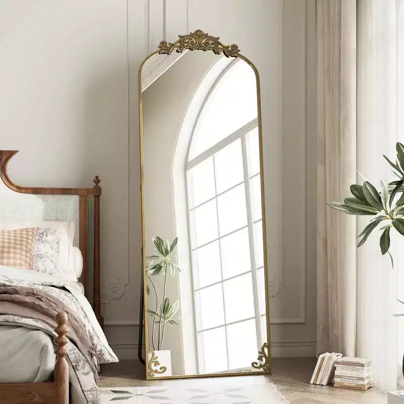 Miroir arqué pleine longueur 65x22, en métal, style baroque, couleur bronze