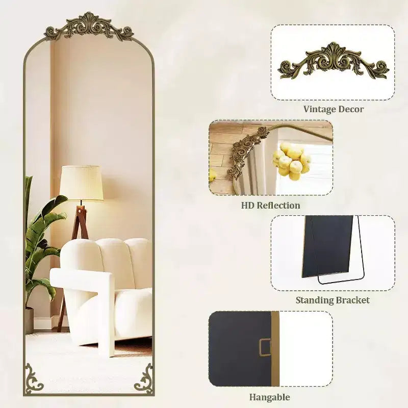 Miroir arqué pleine longueur 65x22, en métal, style baroque, couleur bronze