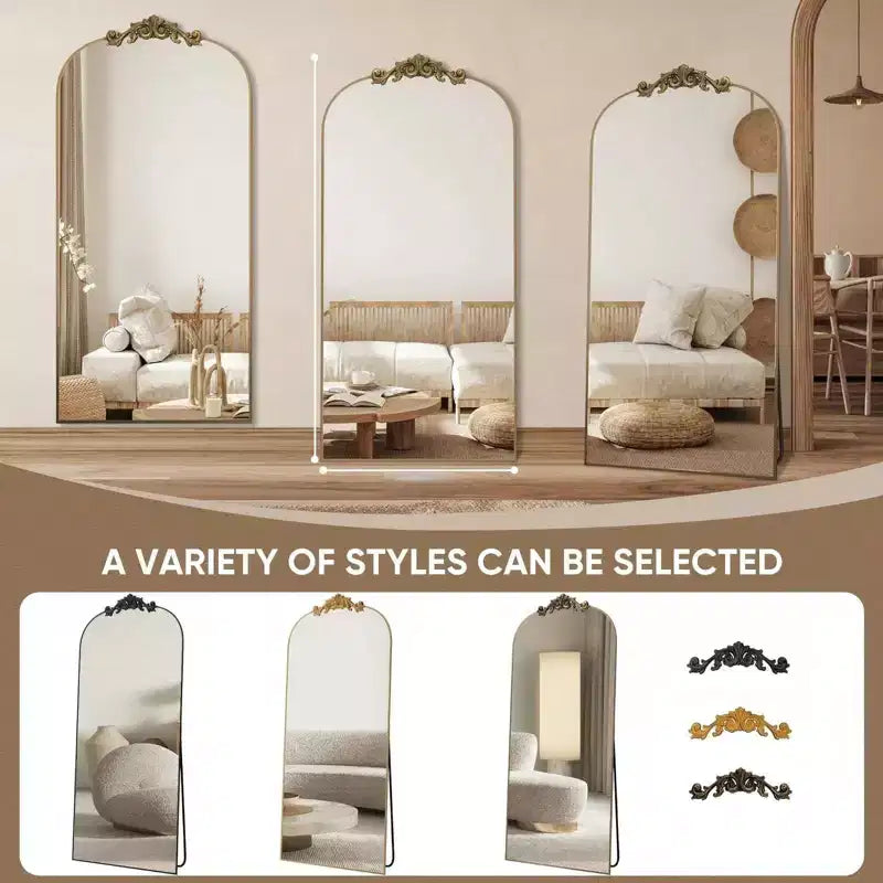 Miroir arqué pleine longueur 65x22, en métal, style baroque, couleur bronze