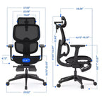 Chaise de bureau ergonomique C7 avec repose-pieds, assise en maille, noir