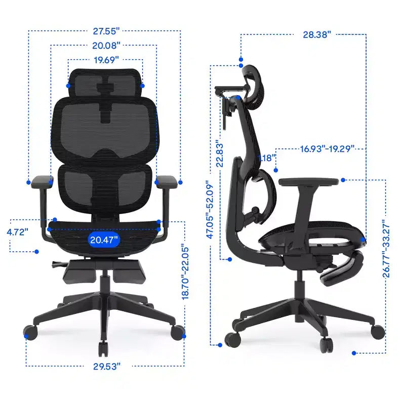 Chaise de bureau ergonomique C7 avec repose-pieds, assise en maille, noir