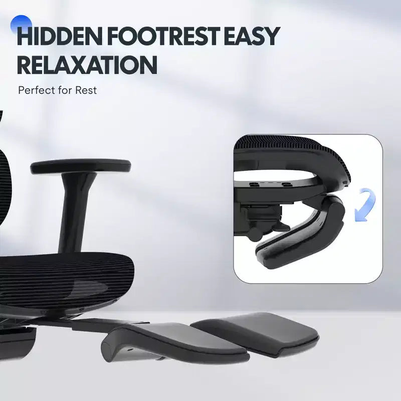 Chaise de bureau ergonomique C7 avec repose-pieds, assise en maille, noir
