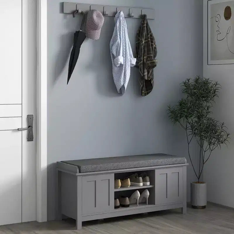 Banc de rangement fonctionnel moderne avec portes coulissantes de style grange, banc à chaussures avec coussin en lin pour chambre à coucher, entrée