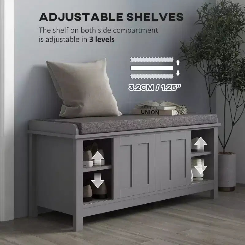 Banc de rangement fonctionnel moderne avec portes coulissantes de style grange, banc à chaussures avec coussin en lin pour chambre à coucher, entrée