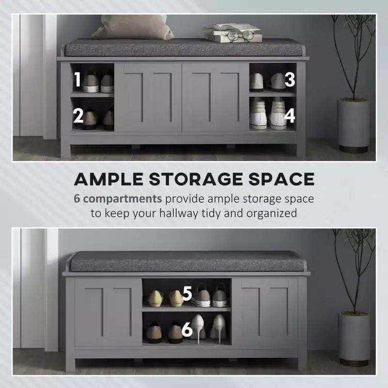 Banc de rangement fonctionnel moderne avec portes coulissantes de style grange, banc à chaussures avec coussin en lin pour chambre à coucher, entrée