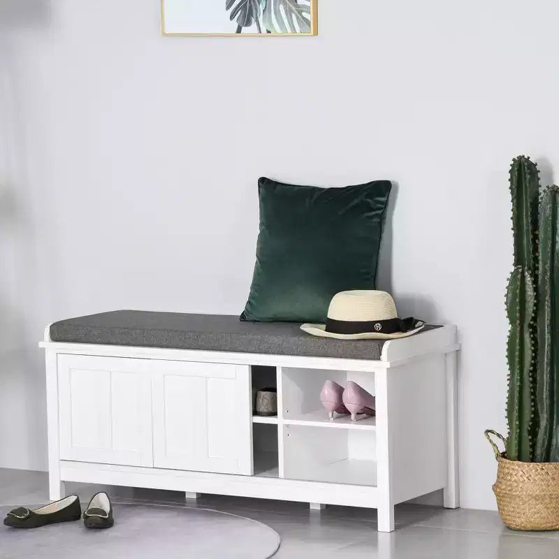 Banc de rangement fonctionnel moderne avec portes coulissantes de style grange, banc à chaussures avec coussin en lin pour chambre à coucher, entrée