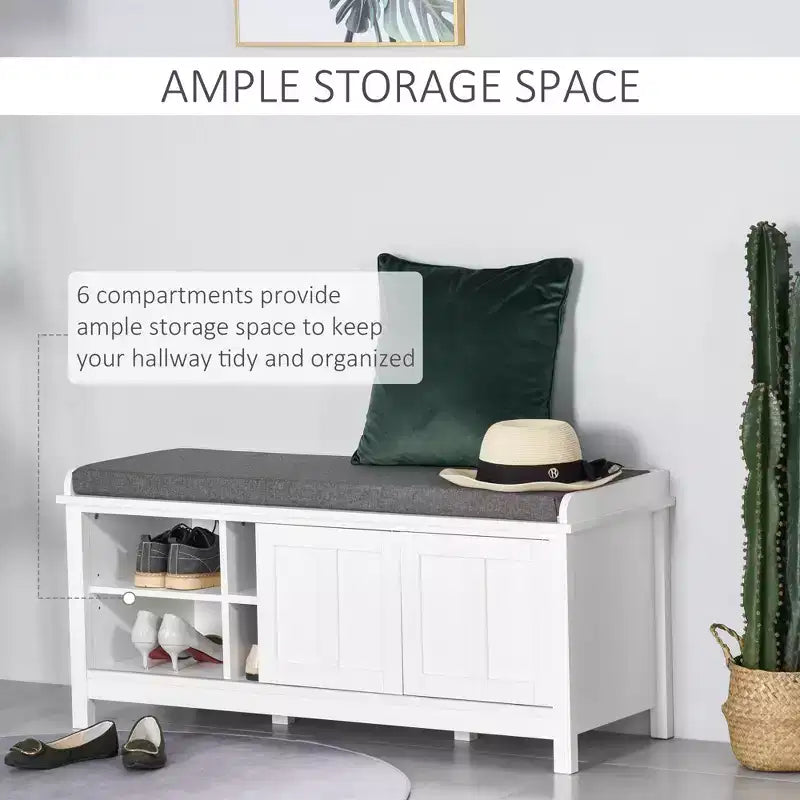 Banc de rangement fonctionnel moderne avec portes coulissantes de style grange, banc à chaussures avec coussin en lin pour chambre à coucher, entrée