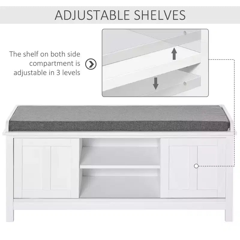Banc de rangement fonctionnel moderne avec portes coulissantes de style grange, banc à chaussures avec coussin en lin pour chambre à coucher, entrée