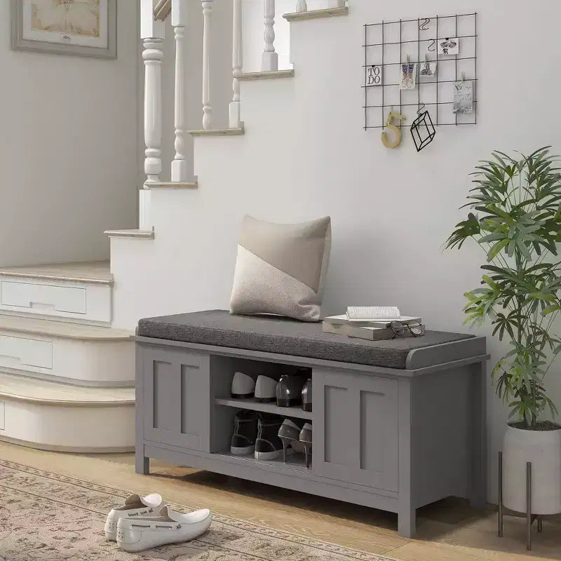 Okak Modern Functional Storage Bench with Sliding Barn Doors,Shoe Rack Shoe Bench with Linen Cushion for Bedroom,Entrance