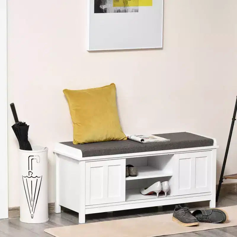 Banc de rangement fonctionnel moderne avec portes coulissantes de style grange, banc à chaussures avec coussin en lin pour chambre à coucher, entrée