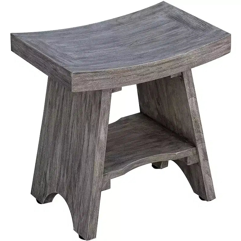 Banc de douche rectangulaire en bois massif gris de 18 po avec étagère