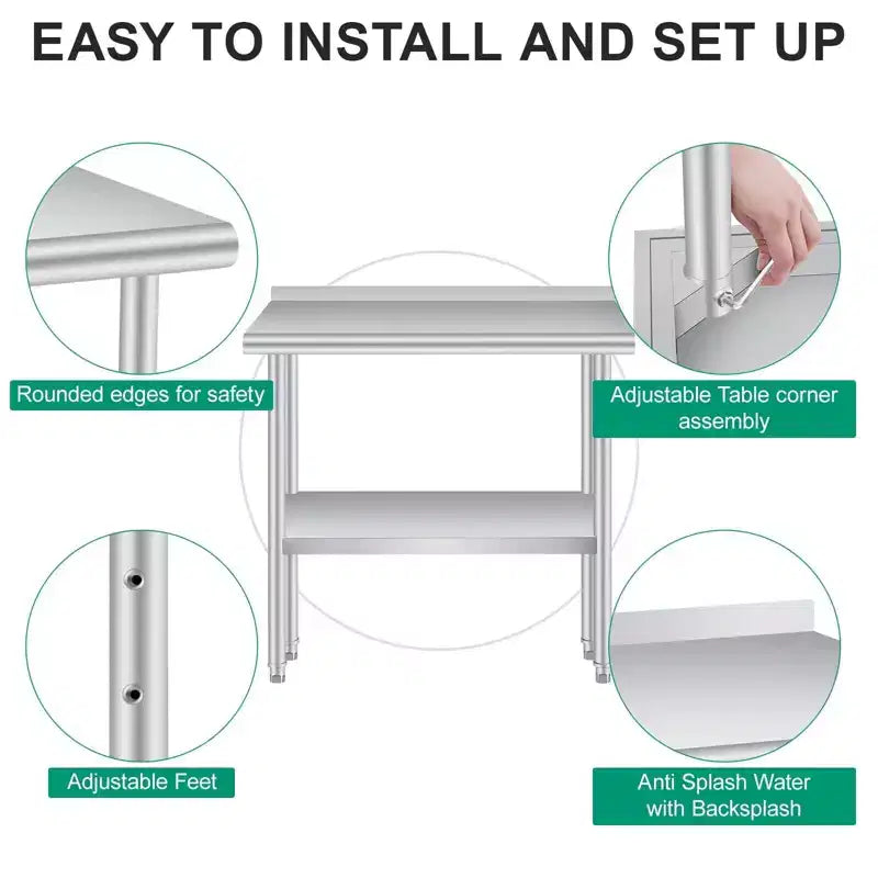 Table de travail professionnelle en acier inoxydable, robuste, avec étagère réglable, pour cuisine, restaurant, entreprise