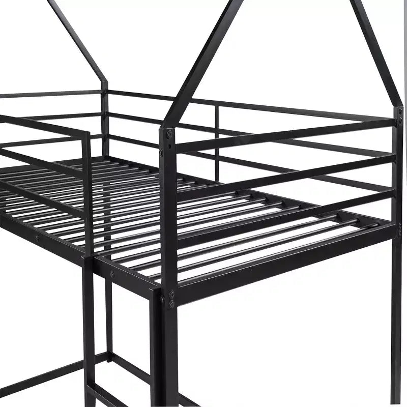 Lit superposé cabane jumeau sur jumeau avec échelle/toboggan intégré, cadre en métal, pas besoin de sommier tapissier, blanc/noir
