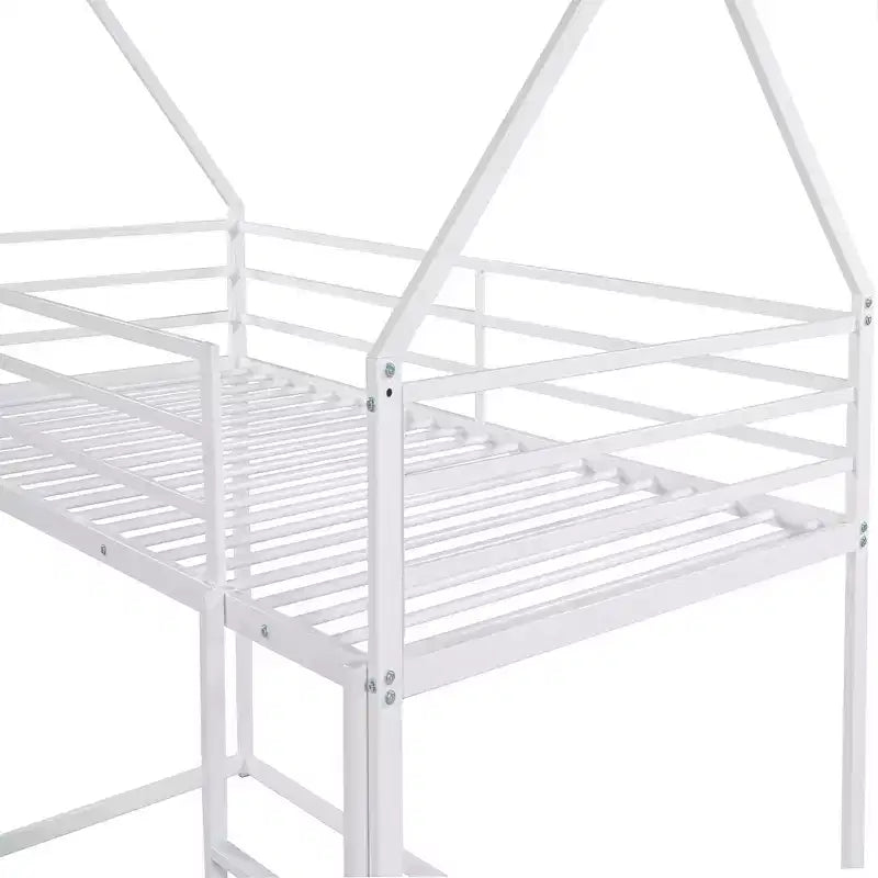 Lit superposé cabane jumeau sur jumeau avec échelle/toboggan intégré, cadre en métal, pas besoin de sommier tapissier, blanc/noir