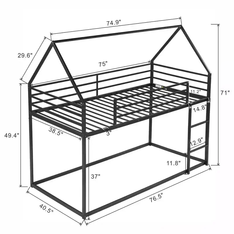 Lit superposé cabane jumeau sur jumeau avec échelle/toboggan intégré, cadre en métal, pas besoin de sommier tapissier, blanc/noir