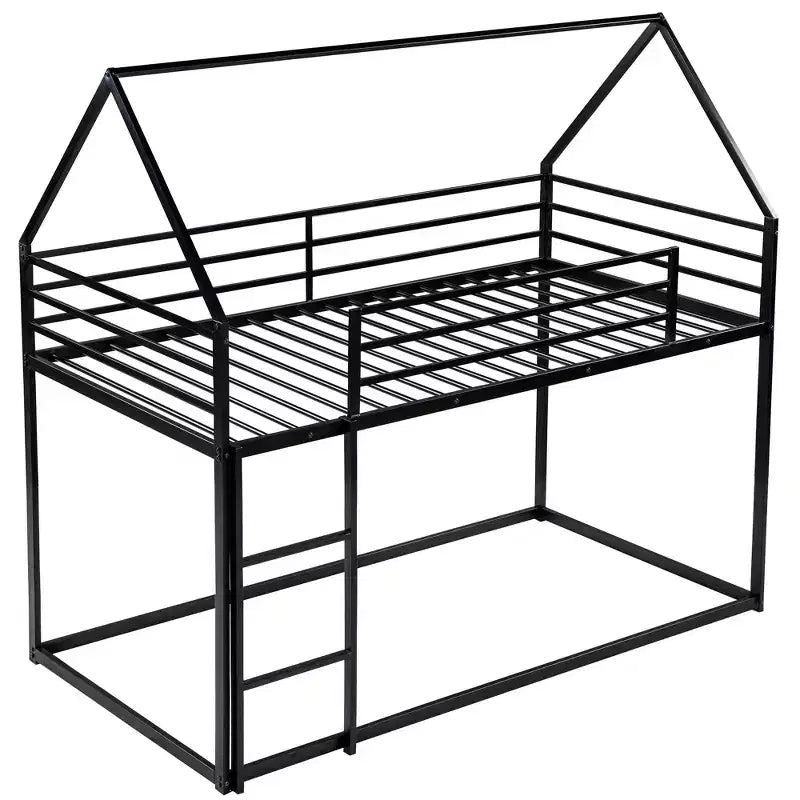 Lit superposé cabane jumeau sur jumeau avec échelle/toboggan intégré, cadre en métal, pas besoin de sommier tapissier, blanc/noir