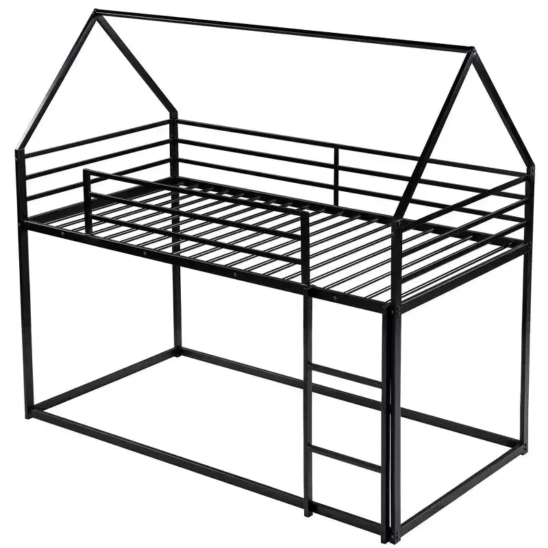 Lit superposé cabane jumeau sur jumeau avec échelle/toboggan intégré, cadre en métal, pas besoin de sommier tapissier, blanc/noir