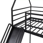 Lit superposé cabane jumeau sur jumeau avec échelle/toboggan intégré, cadre en métal, pas besoin de sommier tapissier, blanc/noir
