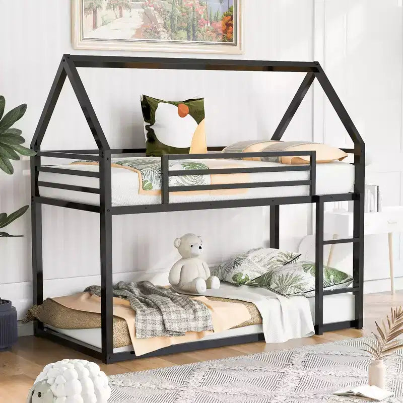 Twin over Twin House Bunk Bed with Built-in Ladder / Slide, Metal Frame, No Box Spring Needed, White/Black - ModernLuxe