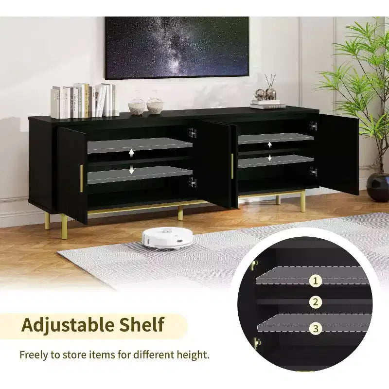 Meuble TV cannelé de 70 po, centre de divertissement avec étagère de rangement réglable, console TV moderne pour salon et chambre, blanc