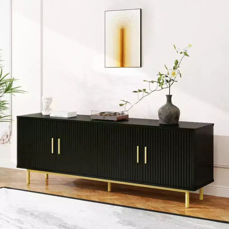 Meuble TV cannelé de 70 po, centre de divertissement avec étagère de rangement réglable, console TV moderne pour salon et chambre, blanc