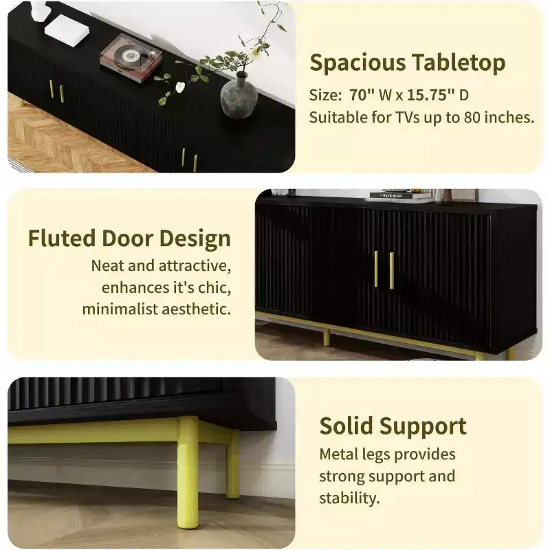 Meuble TV cannelé de 70 po, centre de divertissement avec étagère de rangement réglable, console TV moderne pour salon et chambre, blanc
