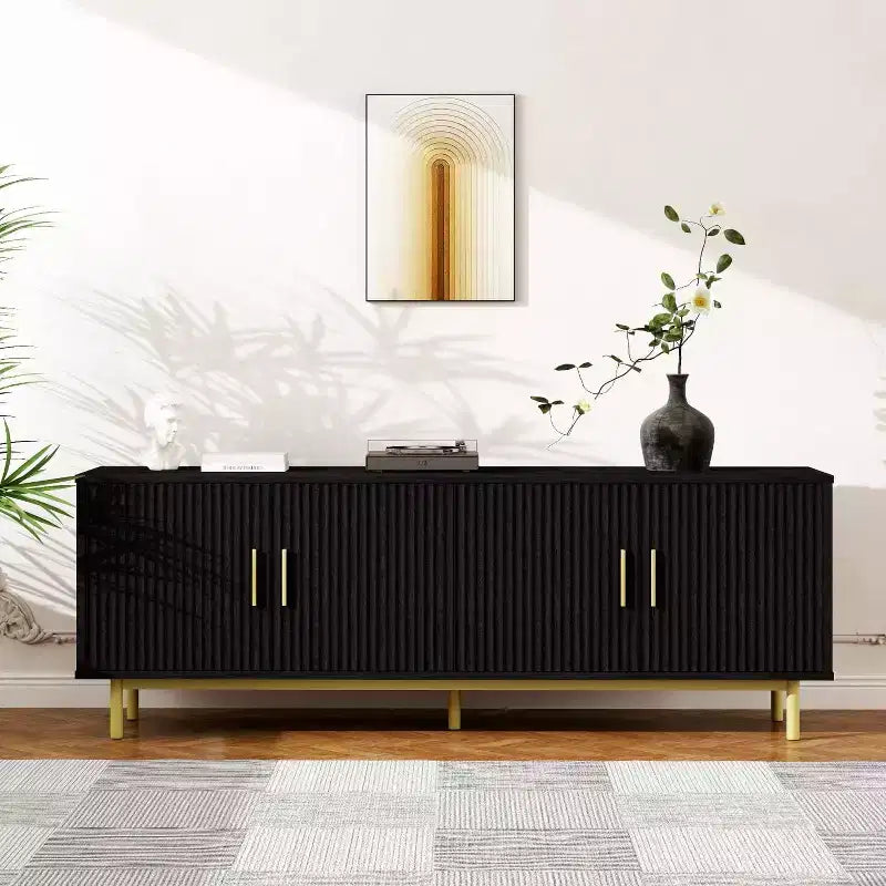 Meuble TV cannelé de 70 po, centre de divertissement avec étagère de rangement réglable, console TV moderne pour salon et chambre, blanc