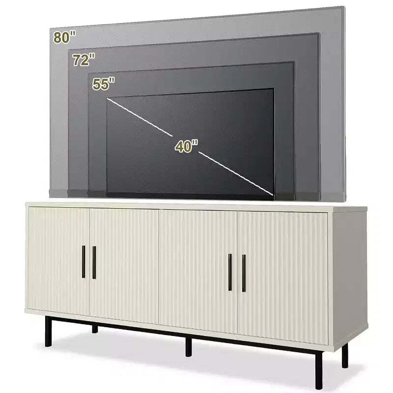 Meuble TV cannelé de 70 po, centre de divertissement avec étagère de rangement réglable, console TV moderne pour salon et chambre, blanc