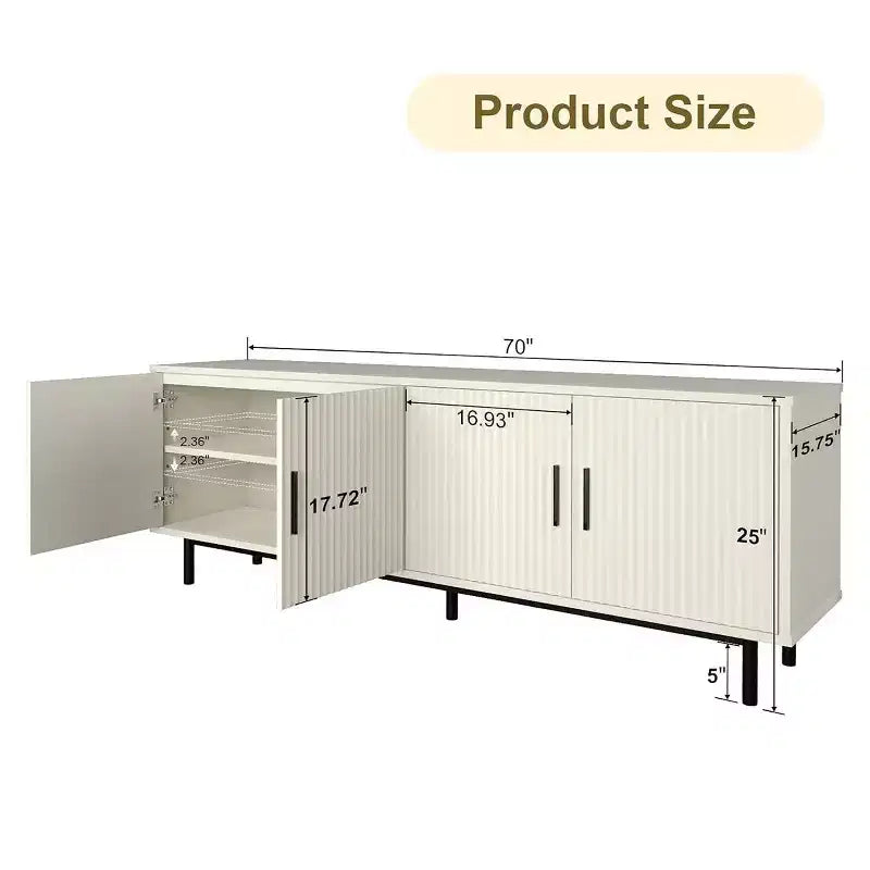 Meuble TV cannelé de 70 po, centre de divertissement avec étagère de rangement réglable, console TV moderne pour salon et chambre, blanc