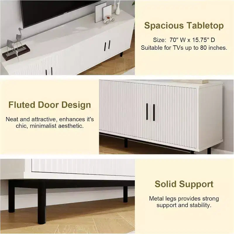 Meuble TV cannelé de 70 po, centre de divertissement avec étagère de rangement réglable, console TV moderne pour salon et chambre, blanc