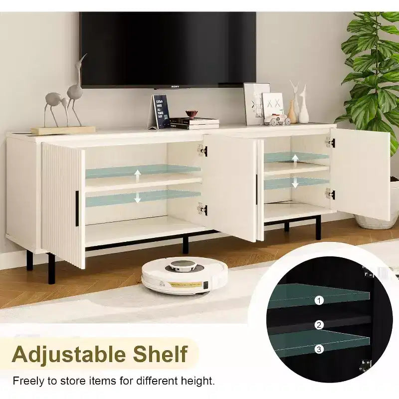 Meuble TV cannelé de 70 po, centre de divertissement avec étagère de rangement réglable, console TV moderne pour salon et chambre, blanc