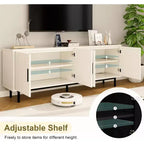 Meuble TV cannelé de 70 po, centre de divertissement avec étagère de rangement réglable, console TV moderne pour salon et chambre, blanc