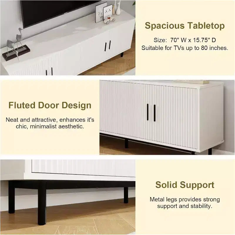 Meuble TV cannelé de 70 po, centre de divertissement avec étagère de rangement réglable, console TV moderne pour salon et chambre, blanc