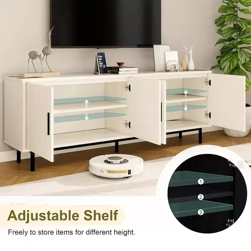 Meuble TV cannelé de 70 po, centre de divertissement avec étagère de rangement réglable, console TV moderne pour salon et chambre, blanc